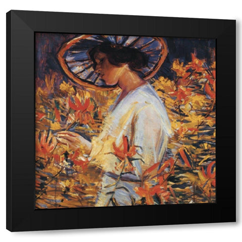 Lady in Flowers Black Modern Wood Framed Art Print by Unknown