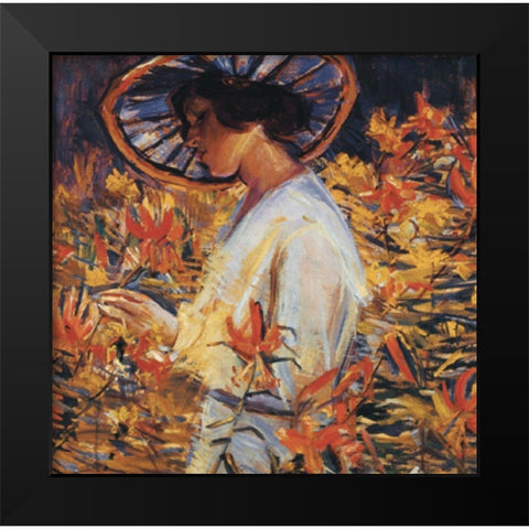 Lady in Flowers Black Modern Wood Framed Art Print by Unknown