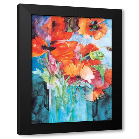 Orange And Blue Floral Black Modern Wood Framed Art Print by Unknown