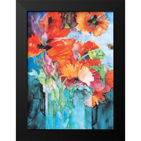 Orange And Blue Floral Black Modern Wood Framed Art Print by Unknown