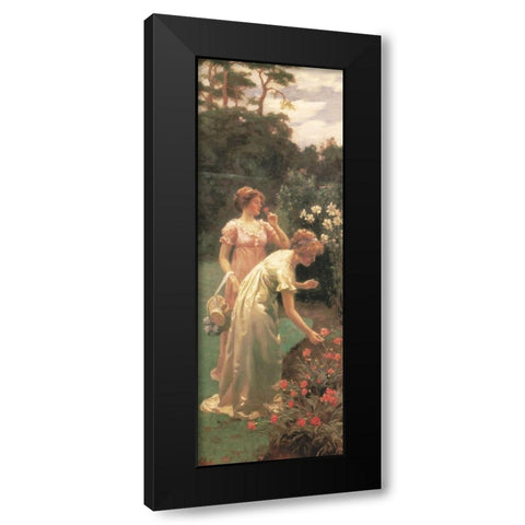 Picking Flowers Black Modern Wood Framed Art Print by Unknown