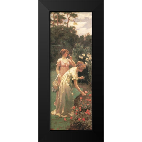 Picking Flowers Black Modern Wood Framed Art Print by Unknown