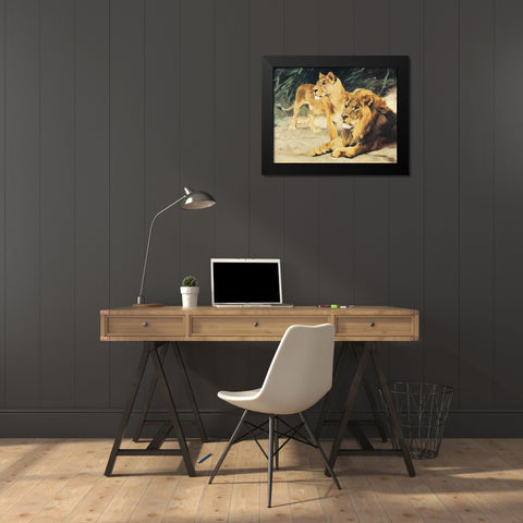 Two Lions Black Modern Wood Framed Art Print by Unknown