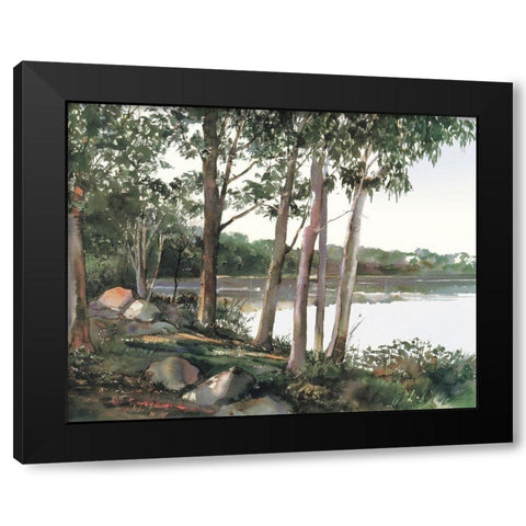 Lake and Trees Black Modern Wood Framed Art Print with Double Matting by Unknown