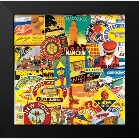 Travel Stickers Collage Black Modern Wood Framed Art Print by Unknown