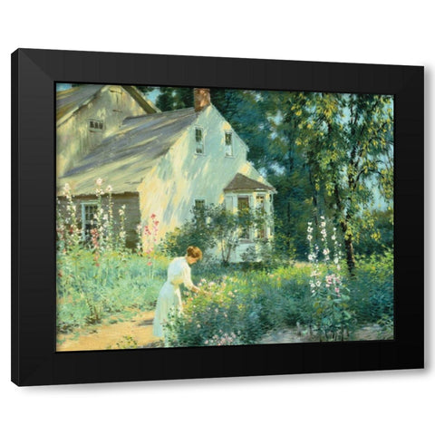 Picking Flowers Black Modern Wood Framed Art Print with Double Matting by Unknown