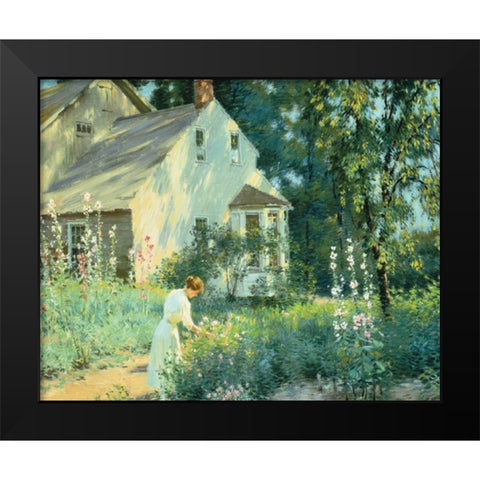 Picking Flowers Black Modern Wood Framed Art Print by Unknown