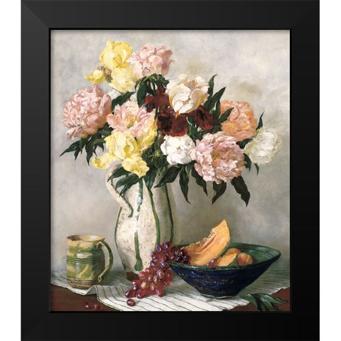 Flowers And Fruit Black Modern Wood Framed Art Print by Unknown