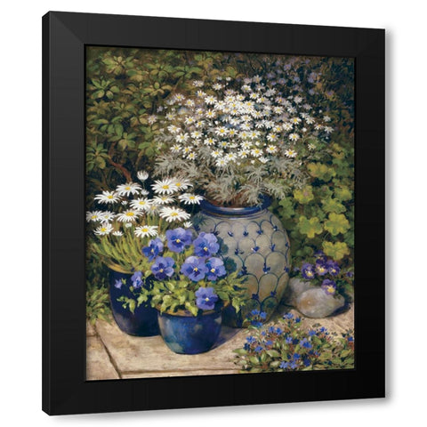 Blue Vases And Flowers Black Modern Wood Framed Art Print by Unknown