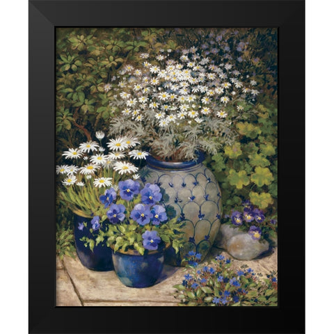 Blue Vases And Flowers Black Modern Wood Framed Art Print by Unknown