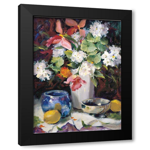 Floral Blue And White Black Modern Wood Framed Art Print with Double Matting by Unknown