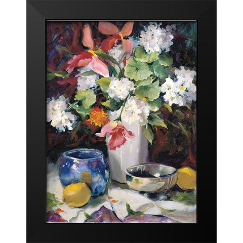 Floral Blue And White Black Modern Wood Framed Art Print by Unknown