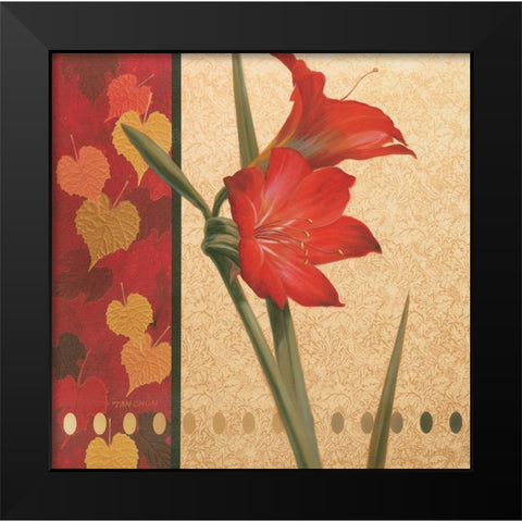 Red Amaryllis Damasque Black Modern Wood Framed Art Print by Unknown