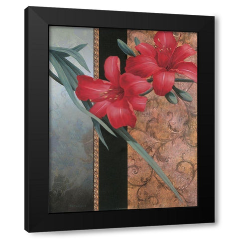 Red Lily Teal Damasque Black Modern Wood Framed Art Print with Double Matting by Unknown