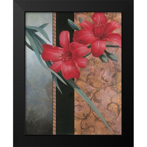 Red Lily Teal Damasque Black Modern Wood Framed Art Print by Unknown
