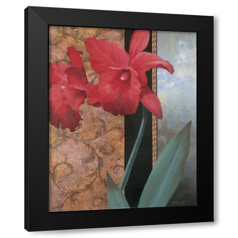 Red Orchid Teal Damasque Black Modern Wood Framed Art Print by Unknown