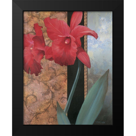 Red Orchid Teal Damasque Black Modern Wood Framed Art Print by Unknown