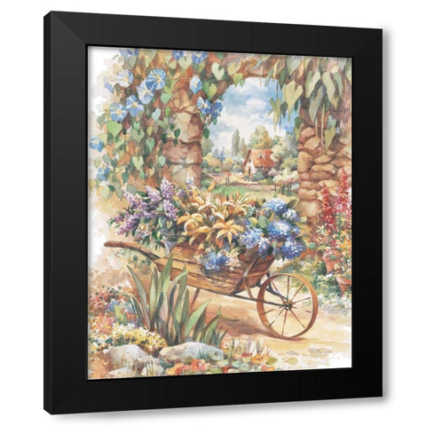 Wheelbarrow of Flowers Black Modern Wood Framed Art Print with Double Matting by Unknown