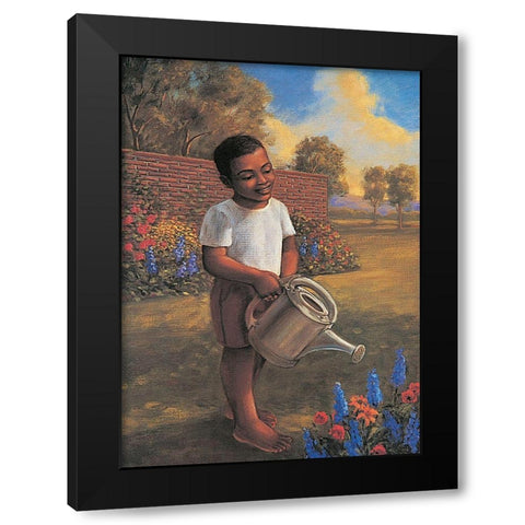 Watering the Flowers Black Modern Wood Framed Art Print by Unknown