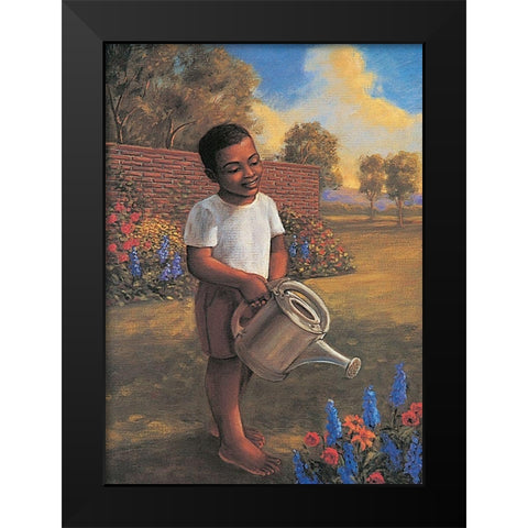 Watering the Flowers Black Modern Wood Framed Art Print by Unknown