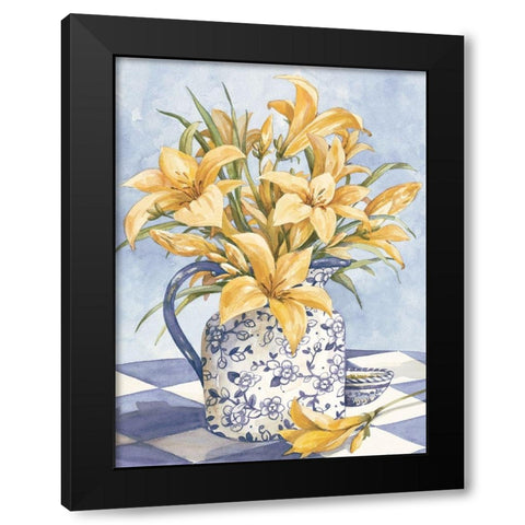 Yellow Orchids and Blue Vase I Black Modern Wood Framed Art Print with Double Matting by Unknown