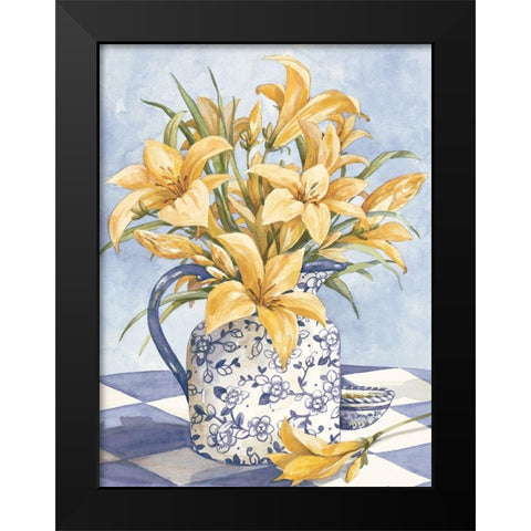 Yellow Orchids and Blue Vase I Black Modern Wood Framed Art Print by Unknown