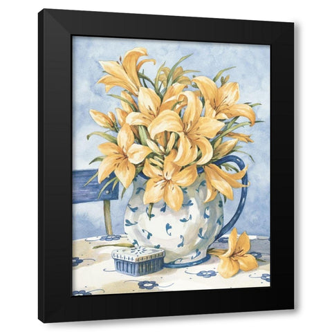 Yellow Orchids and Blue Vase II Black Modern Wood Framed Art Print by Unknown