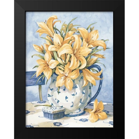 Yellow Orchids and Blue Vase II Black Modern Wood Framed Art Print by Unknown