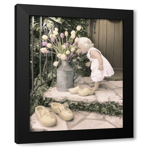 Girl and Tulips Black Modern Wood Framed Art Print by Unknown