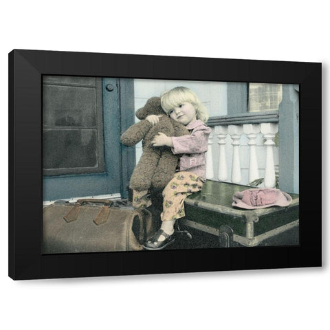 Girl and Teddy Black Modern Wood Framed Art Print by Unknown