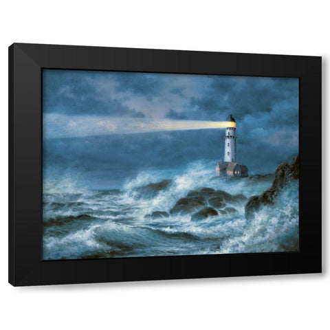Stormy Lighthouse Black Modern Wood Framed Art Print by Unknown