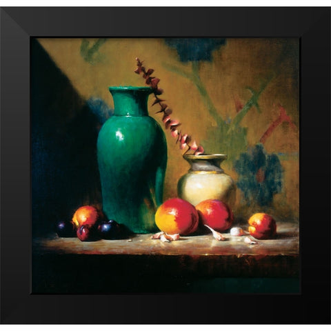 Green Vase And Fruit Black Modern Wood Framed Art Print by Unknown