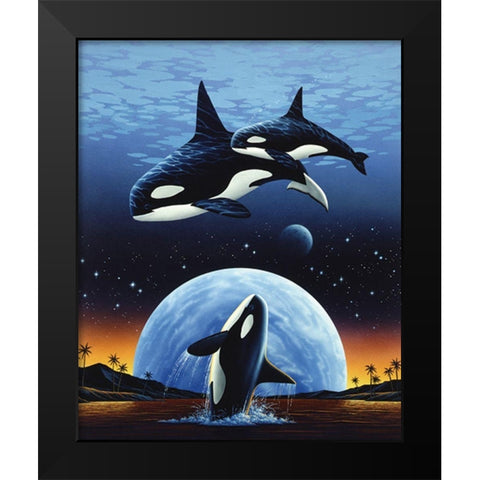 Orcas and Moon Black Modern Wood Framed Art Print by Unknown