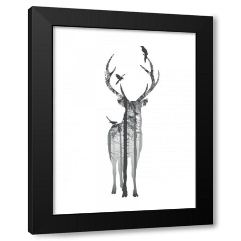 Deer with birds Black Modern Wood Framed Art Print by Braun Studio