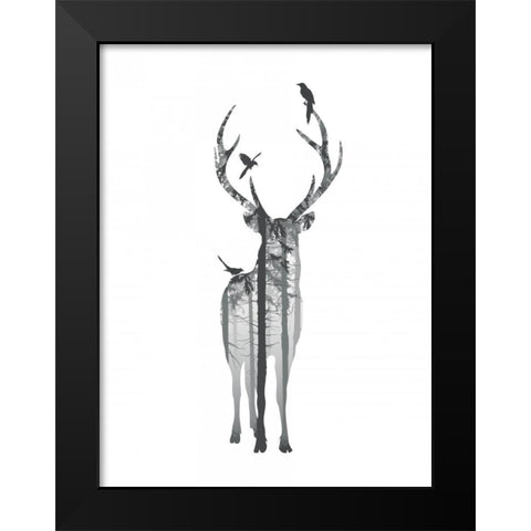 Deer with birds Black Modern Wood Framed Art Print by Braun Studio