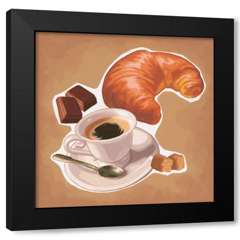 Cafe et croissants Black Modern Wood Framed Art Print with Double Matting by Cazenave, Maryline