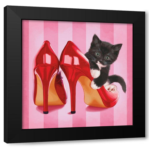 Chaton et chaussures Black Modern Wood Framed Art Print by Cazenave, Maryline
