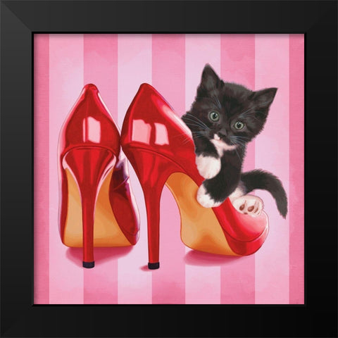 Chaton et chaussures Black Modern Wood Framed Art Print by Cazenave, Maryline