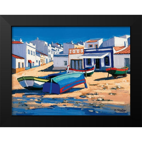 Barque bleue a Alvor Black Modern Wood Framed Art Print by Quilici, Jean-Claude