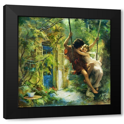 Couple on a Swing Black Modern Wood Framed Art Print with Double Matting by Medeiros, Celito