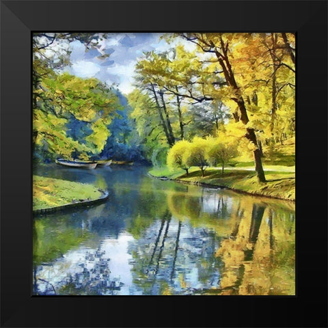 Boats on the Slowly River Black Modern Wood Framed Art Print by Medeiros, Celito