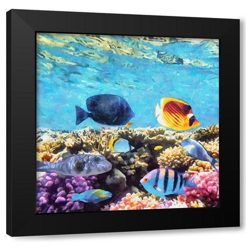 Fishes in Tropical Sea I Black Modern Wood Framed Art Print with Double Matting by Medeiros, Celito