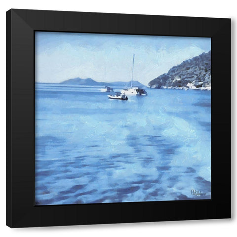 Blue Sea with a yacht Black Modern Wood Framed Art Print by Medeiros, Celito