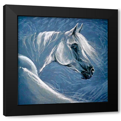 White Horse with Blue Background Black Modern Wood Framed Art Print by Medeiros, Celito