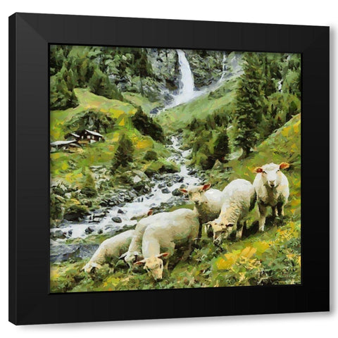 Sheeps in Alps Black Modern Wood Framed Art Print by Medeiros, Celito