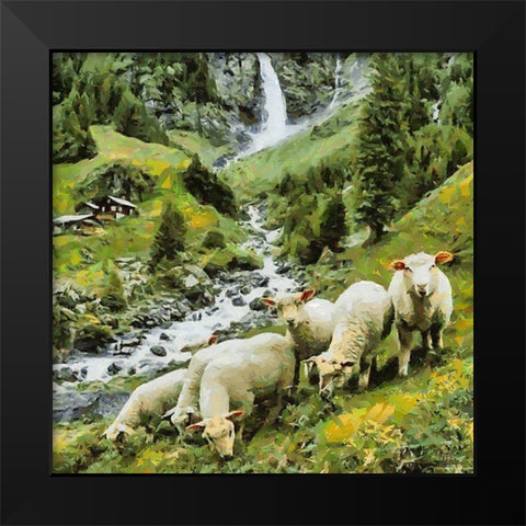 Sheeps in Alps Black Modern Wood Framed Art Print by Medeiros, Celito