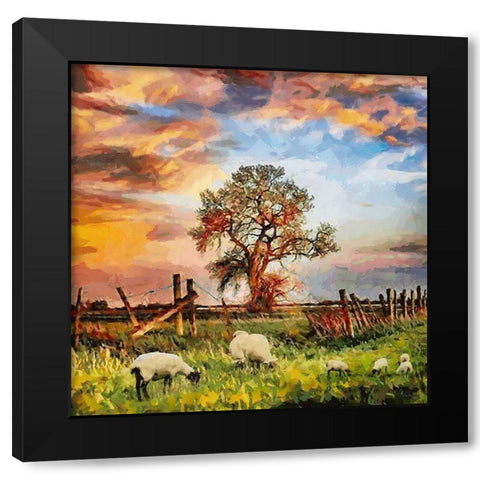 Sheeps by a Tree Black Modern Wood Framed Art Print by Medeiros, Celito