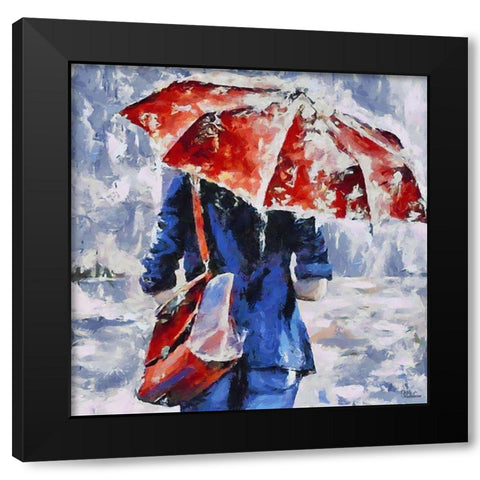 Blue Dress, Red Umbrella Black Modern Wood Framed Art Print with Double Matting by Medeiros, Celito