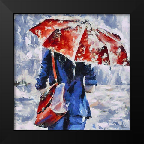 Blue Dress, Red Umbrella Black Modern Wood Framed Art Print by Medeiros, Celito