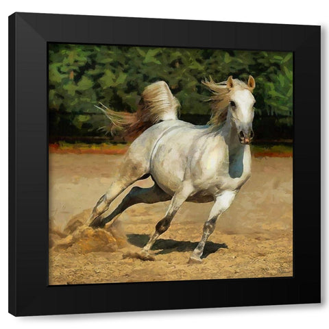 White Running Horses Black Modern Wood Framed Art Print by Medeiros, Celito